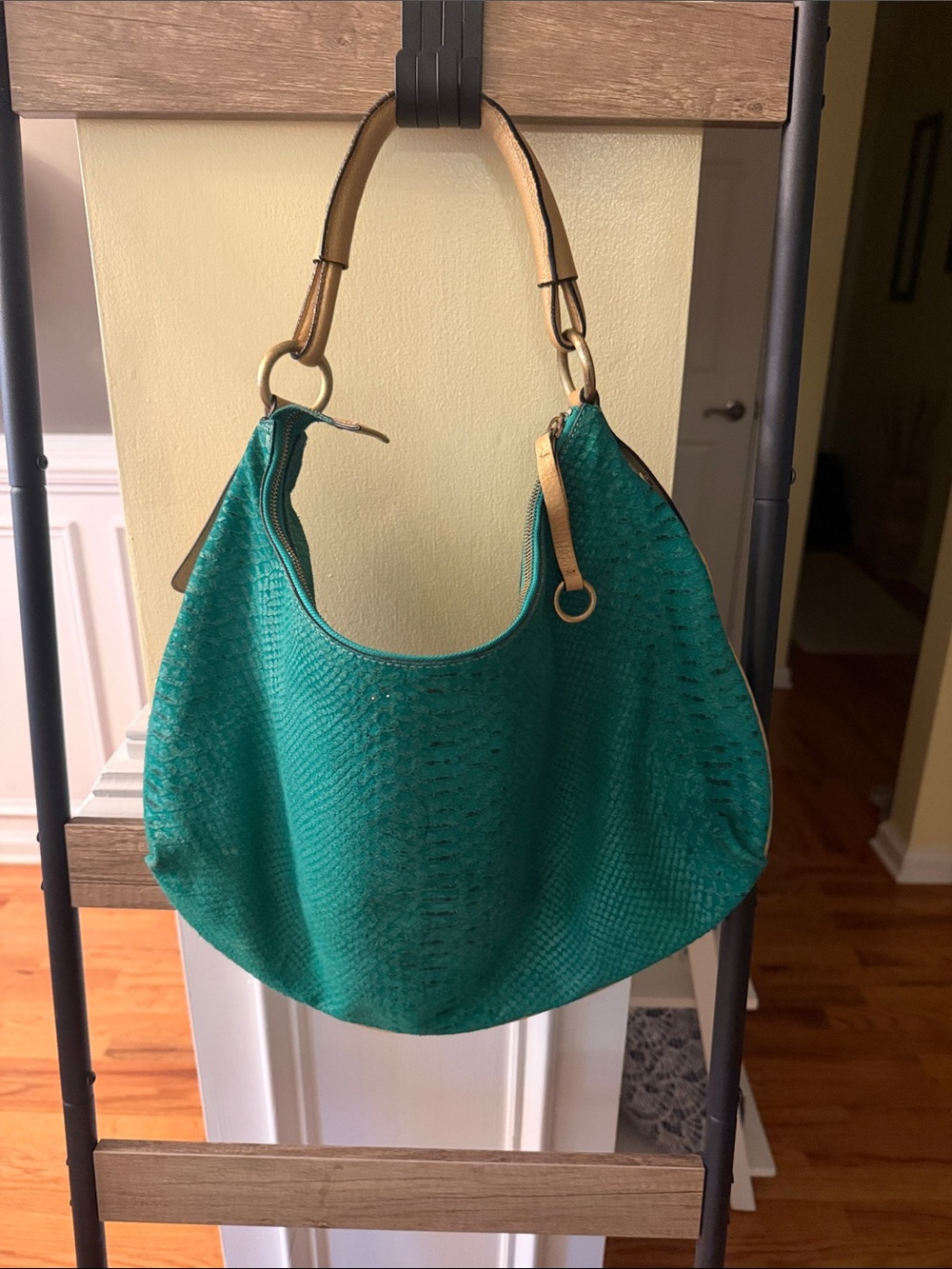 Adrienne Vittadini Teal Textured Hobo with Tan Handle